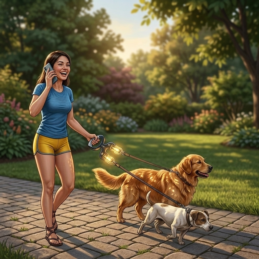 Tutora passeando com dois cães usando o Link Dog THREE AXES com uma mão